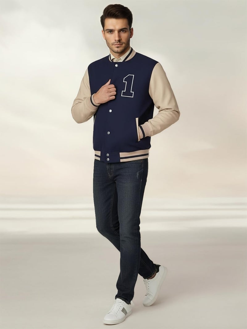 CHKOKKO Mens Regular Fit Tweed Fabric Varsity Jacket with Raglan Design Zip Closure and Side Pockets for Casual Wear NavyBeige M - Image 4