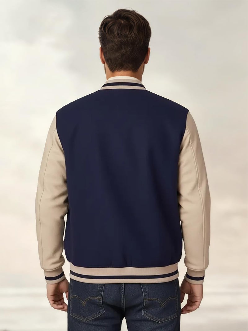 CHKOKKO Mens Regular Fit Tweed Fabric Varsity Jacket with Raglan Design Zip Closure and Side Pockets for Casual Wear NavyBeige M - Image 3