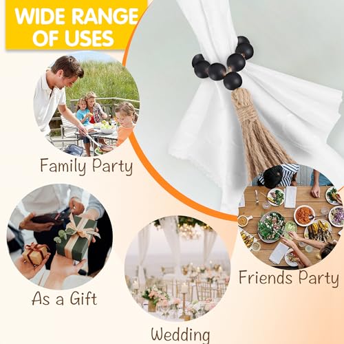 Meplait 6 Pieces Wooden Bead Napkin Rings, Farmhouse Stretchable Napkin Ring with Tassel Boho Napkin Rings for Dining Table,Wedding Decoration (Black) - Image 4