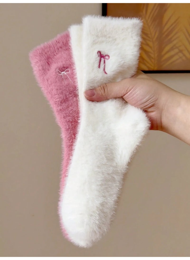 Women's Winter Socks – 2 Pairs in Pink and White – Soft Faux Fur with Bow Design – Warm and Cozy – Size 36-39 - Image 1