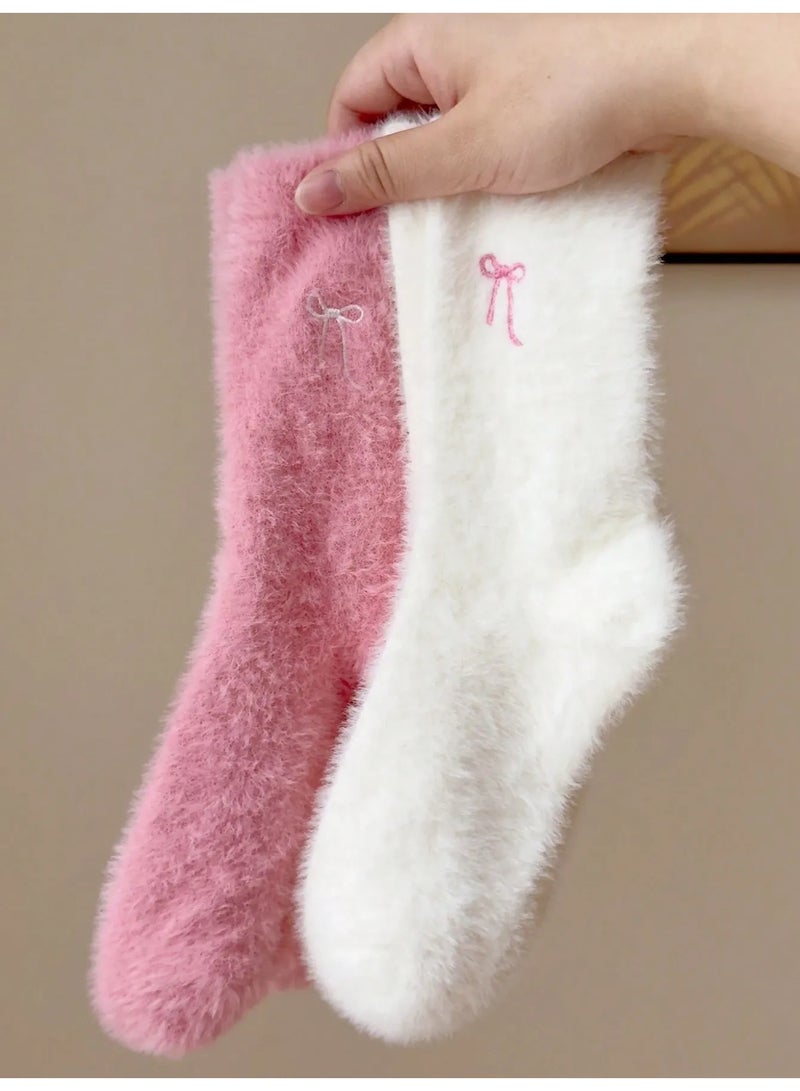 Women's Winter Socks – 2 Pairs in Pink and White – Soft Faux Fur with Bow Design – Warm and Cozy – Size 36-39 - Image 2