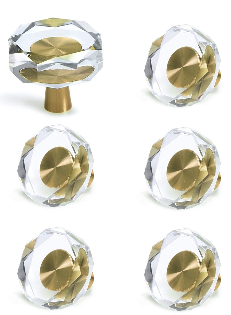 Knobs for Cabinet, Satin Brass Crystal Gold Cabinet Vintage, Glass and Pulls Dresser Drawer, Kitchen Bathroom 6 Pcs  - Image 1