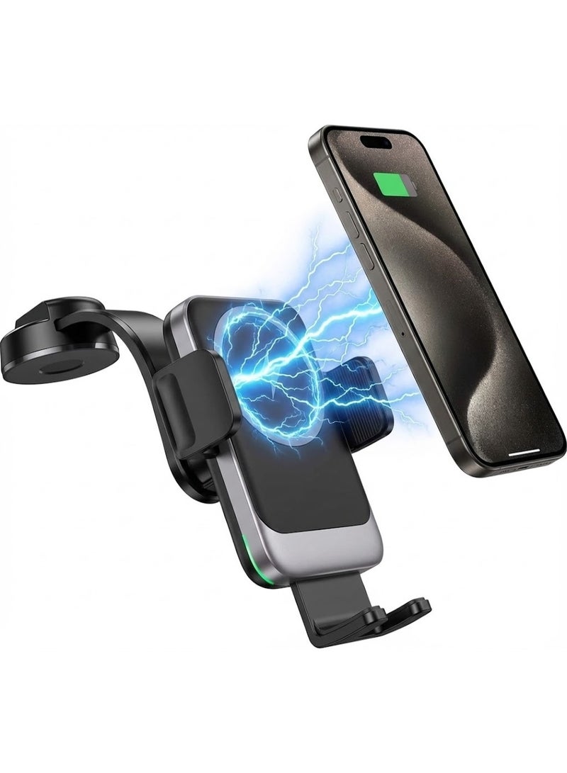 هوكو شاحن سيارة لاسلكي سريع 15 وات مع حامل تثبيت تلقائي (Auto-Clamping) - متوافق مع آيفون 16/15/14/13/12 وسامسونج S24/S23 ألترا - أسود - Image 1