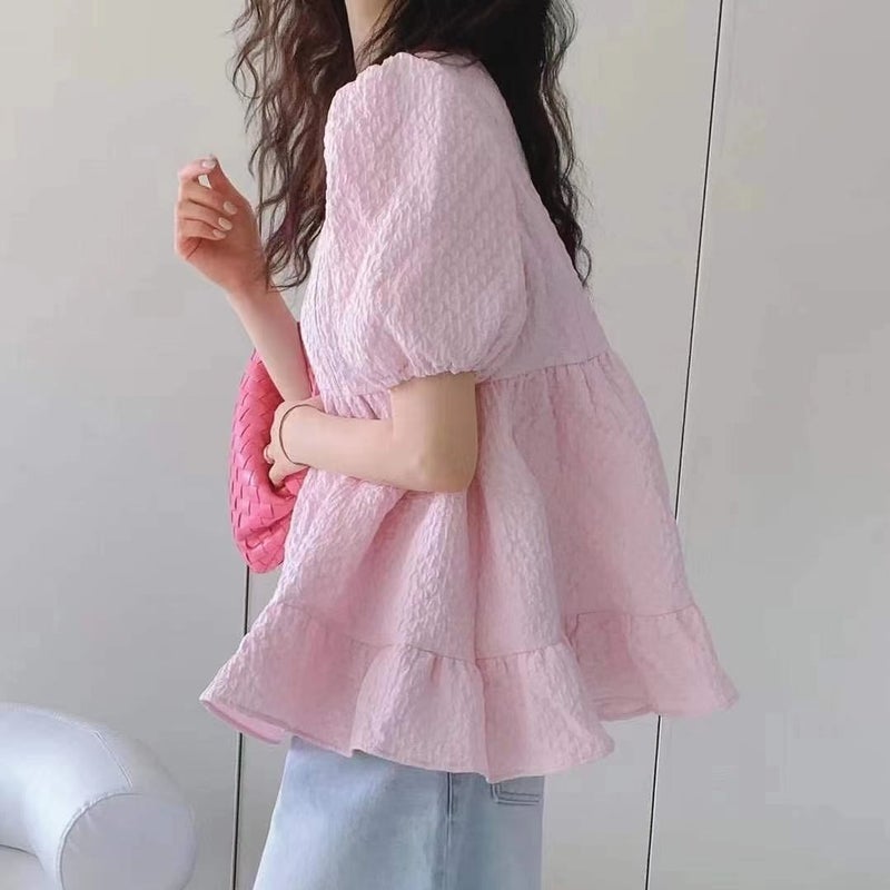 2023 Summer New Bubble Top Lotus Leaf Doll Shirt Sweet Short Sleeve Shirt Womens Japanese and Korean Foreign Trade Pink  - Image 1