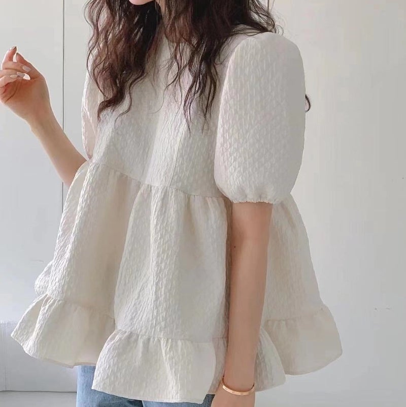 2023 Summer New Bubble Top Lotus Leaf Doll Shirt Sweet Short Sleeve Shirt Womens Japanese and Korean Foreign Trade Pink  - Image 2