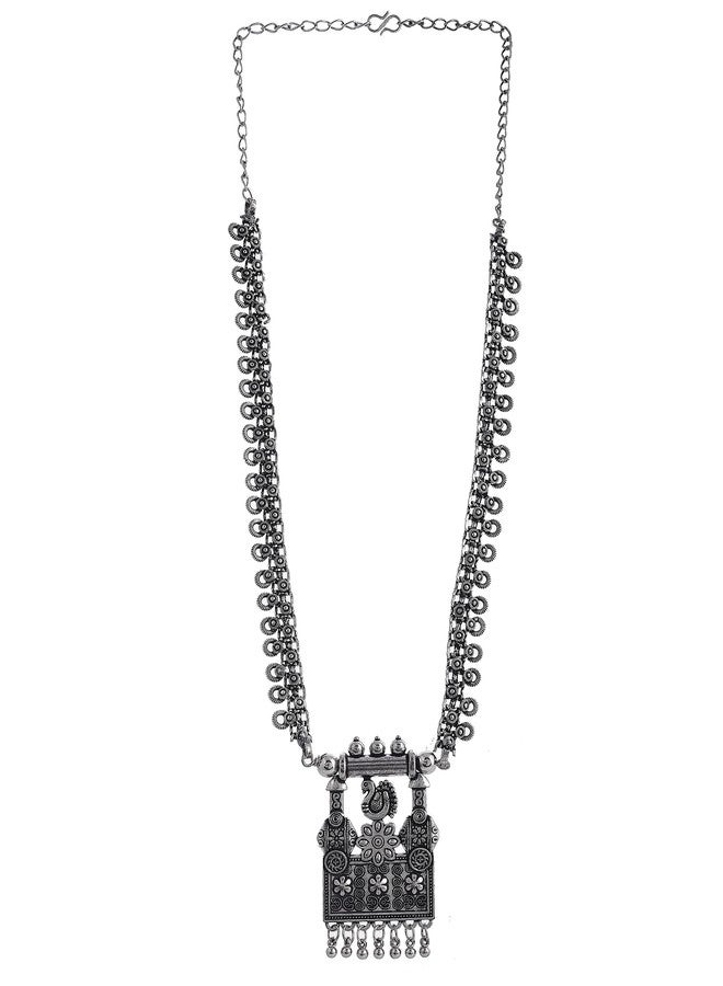 Naman Arts Oxidised Long Chain Pendant Necklace for Women | Antique Charm Pendant | Pure Brass Lightweight Ethnic Boho Necklace (Peacock with Ghunghroo) - Image 2
