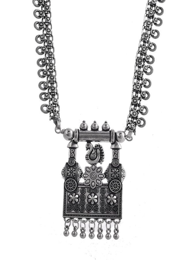 Naman Arts Oxidised Long Chain Pendant Necklace for Women | Antique Charm Pendant | Pure Brass Lightweight Ethnic Boho Necklace (Peacock with Ghunghroo) - Image 1