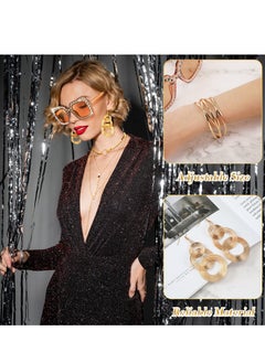 Excefore 70s Disco Set, 5 Pieces Rimless Diamond Cutting Sunglasses Gold Cuff Bangle Bracelets Layered Choker Necklace Disco Earrings Dangle Sequin Headband for Women (Gold)  - Image 3