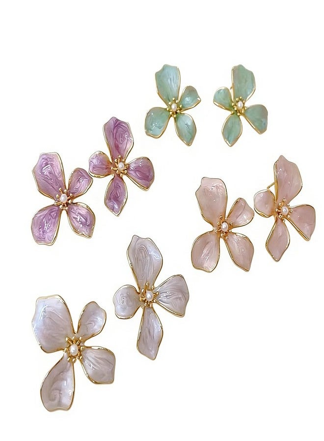 TARINI 2Pairs Flower Earrings for Women, 1 Pair Pink + 1 Pair Green Floral Stud Earrings, Trendy Romantic Statement Jewelry - Image 1