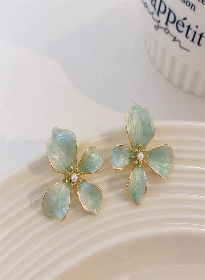 TARINI 2Pairs Flower Earrings for Women, 1 Pair Pink + 1 Pair Green Floral Stud Earrings, Trendy Romantic Statement Jewelry - Image 2