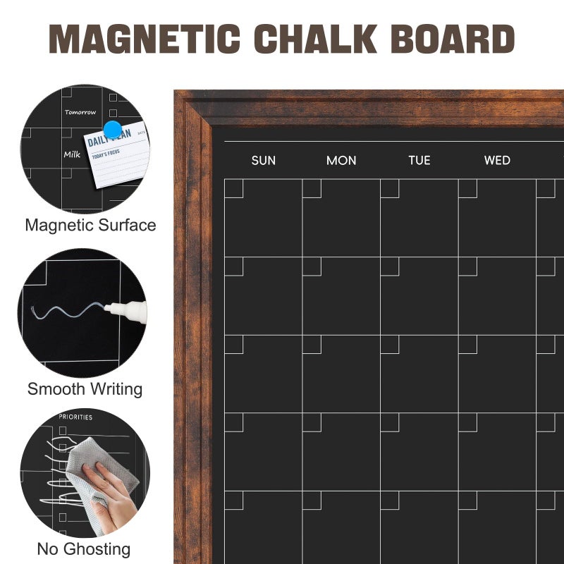 4 THOUGHT Chalkboard Calendar 24" x 18", Magnetic Calendar Chalkboard for Wall Hanging Chalk Boards Sign Menu Board Monthly Planner Rustic Brown Frame for Kitchen Decor Home Office 8 Magnets 1 Marker - Image 2