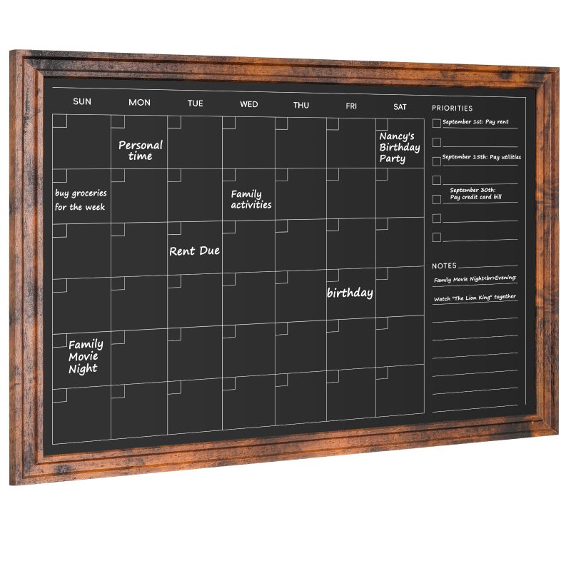 4 THOUGHT Chalkboard Calendar 24" x 18", Magnetic Calendar Chalkboard for Wall Hanging Chalk Boards Sign Menu Board Monthly Planner Rustic Brown Frame for Kitchen Decor Home Office 8 Magnets 1 Marker - Image 1
