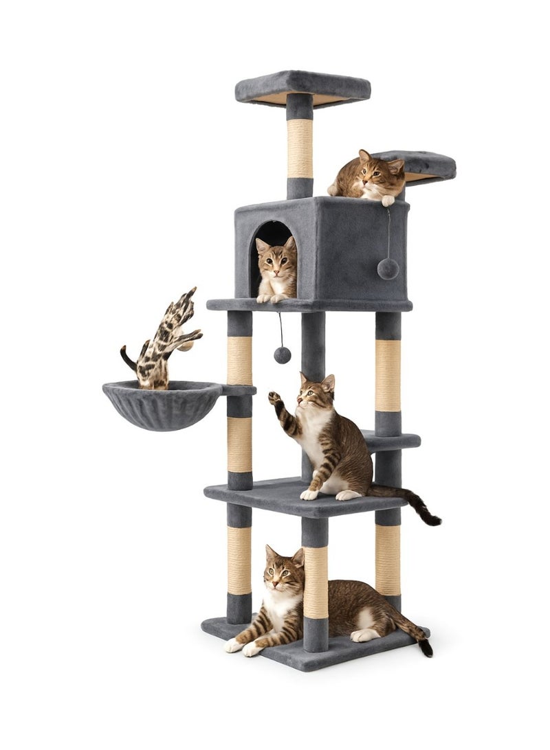 Cat Tree 81.1-Inch Large Cat Tower with 13 Scratching Posts, 2 Perches, 2 Caves, Basket, Hammock & Pompoms – Multi-Level Plush Cat Condo for Indoor Cats from Pets Zone