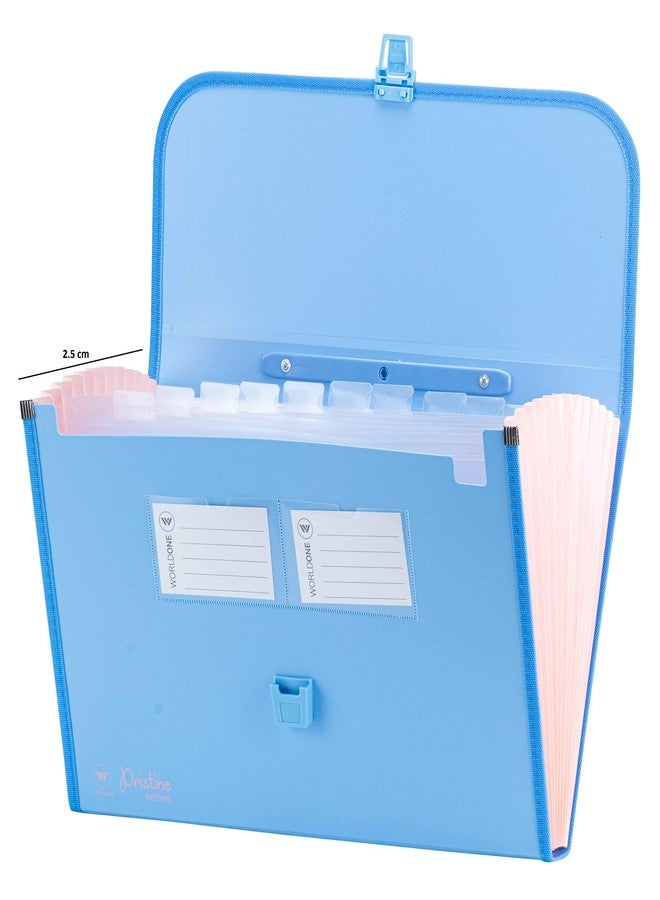 Worldone Expanding File Folder with Handle & Lock 13 Indexed Pocket for Documents Sorting Durable Long Lasting PP 0.7 mm Outer Cover Sheet 0.2 mm Inner Partition Sheets, FC Size, Pristine Blue - Image 2