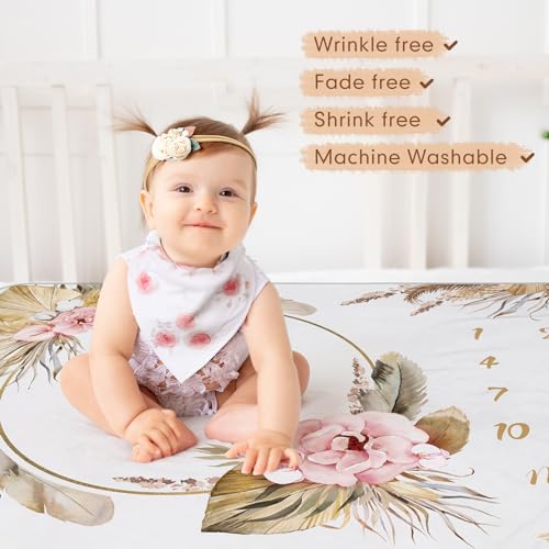 Chumia 6 Pcs Baby Monthly Milestone Blanket for Girl 60" x 40" Butterfly Milestone Blanket Age Photo Photography Backdrop with Newborn Calendar Growth Chart Bib Headband(Beigh,Boho Pattern) - Image 4