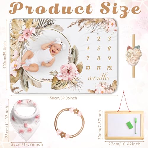 Chumia 6 Pcs Baby Monthly Milestone Blanket for Girl 60" x 40" Butterfly Milestone Blanket Age Photo Photography Backdrop with Newborn Calendar Growth Chart Bib Headband(Beigh,Boho Pattern) - Image 2
