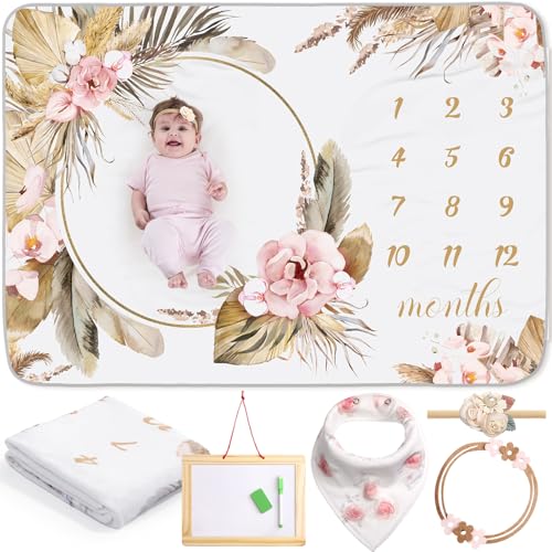 Chumia 6 Pcs Baby Monthly Milestone Blanket for Girl 60" x 40" Butterfly Milestone Blanket Age Photo Photography Backdrop with Newborn Calendar Growth Chart Bib Headband(Beigh,Boho Pattern) - Image 1