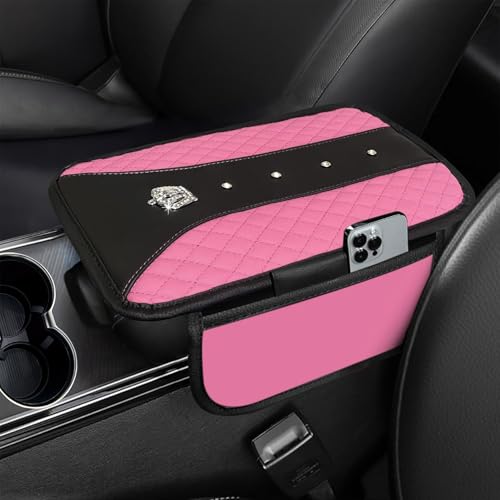 NBTEPEM Bling Crown Car Center Console Armrest Cover Leather Middle Console Cover Cushion with 2 Storage Bags Car Armrest Storage Box Interior Accessories for Most VehiclesPink - Image 1