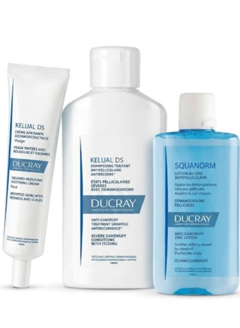 Ducray Complete Set for Treating Stubborn Dandruff and Scalp Inflammation - 3 Pieces (Shampoo + Lotion + Cream)