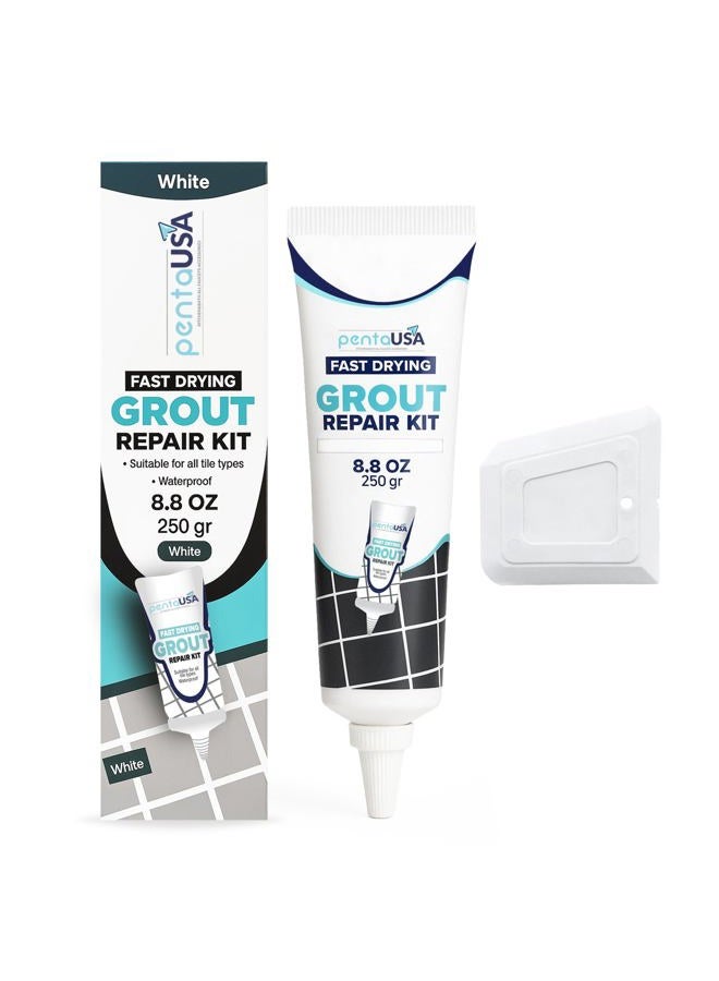 PentaUSA Tile Grout Repair Kit - White Grout Filler, Triple Protection, Fast Drying Formula Restores and Renews Grout Lines with Scraper (White, 8.8oz / 250gr) - Image 1
