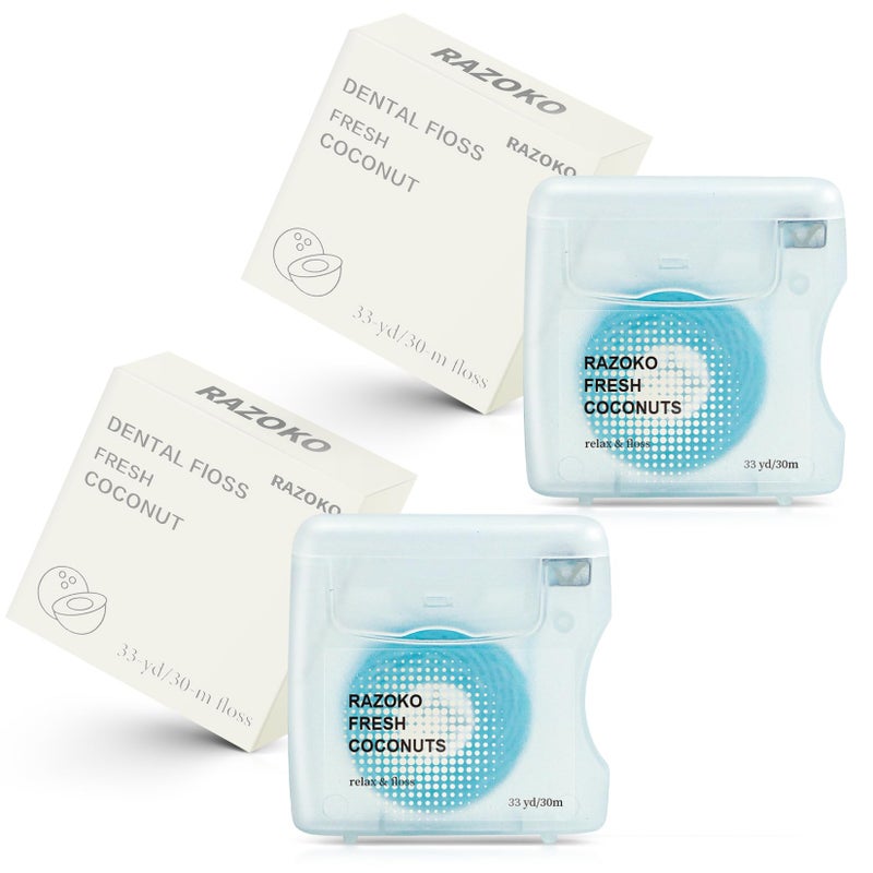 RAZOKO Coconut Oil Infused Woven Dental Floss, Vegan and Cruelty-Free, Coconut Scent, 4 Month Supply (33 Yds x 2 Units) - Image 1