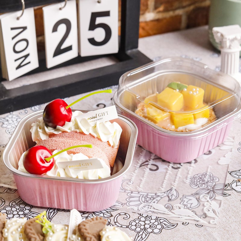 LOKQING 50 Pack Mini Cake Pans with Lids and Spoons Small Aluminum Foil Pans Square Baking Cups Disposable Ramekins Cupcake Liners for Brownie Pie (Pink, 10 oz) - Image 2