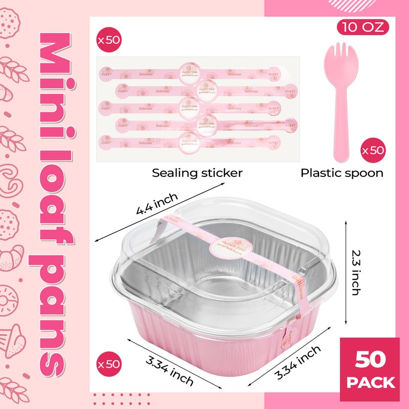 LOKQING 50 Pack Mini Cake Pans with Lids and Spoons Small Aluminum Foil Pans Square Baking Cups Disposable Ramekins Cupcake Liners for Brownie Pie (Pink, 10 oz) - Image 3