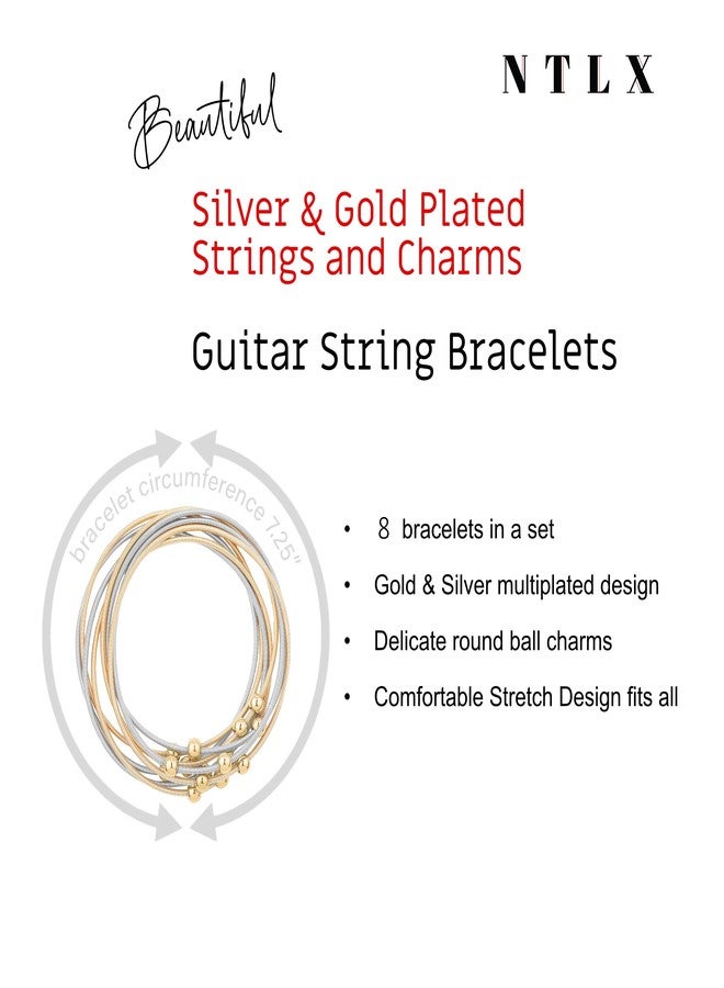 NTLX Guitar String Bracelet - Multi Strand Stackable Stretch Bracelets for Women - Bohemian Boho Bracelets - Music Lovers Fashion - Multi Color Strand Statement Bangles (Silver & Gold Plated Mix) - Image 2