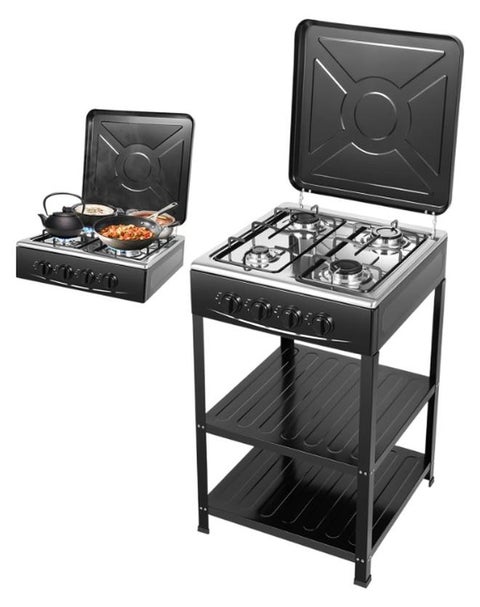 Countertop Natural Gas Stove 4 Burner, Kitchen Cooking Stove Set with Adjustable Fire Control & Cover, Free Standing 2-Tier Storage Rack for Apartments, Outdoor, Rvs