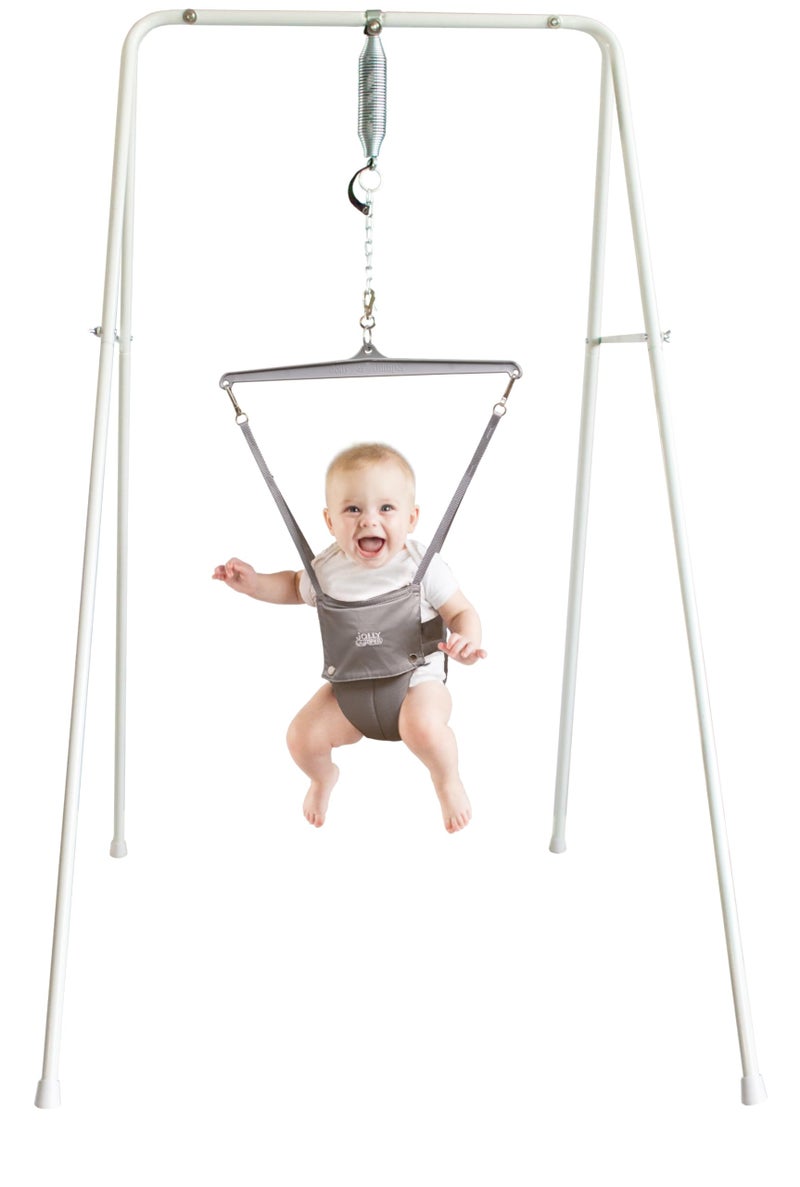 Jolly Jumper جولي جامبر كلاسيك (رمادي) مع قاعدة - قفاز أطفال أصلي، مقعد تمرين داخلي وخارجي، ارتفاع قابل للتعديل، للأطفال حتى 28 رطل - Image 1