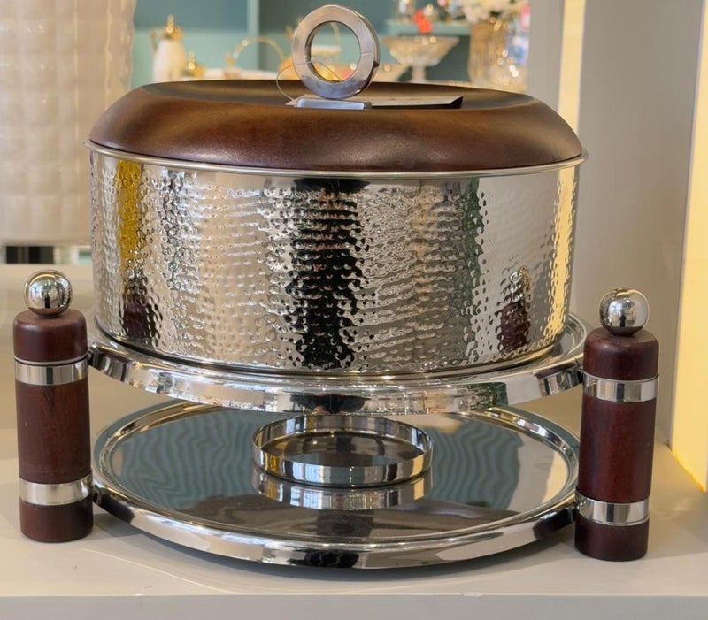Sultan Food Warmer 4 Liters Silver Wood Color - Decorative Hammered Metal Chafing Dish with Wooden Handles, Premium Serveware for Wedding & Home Decor