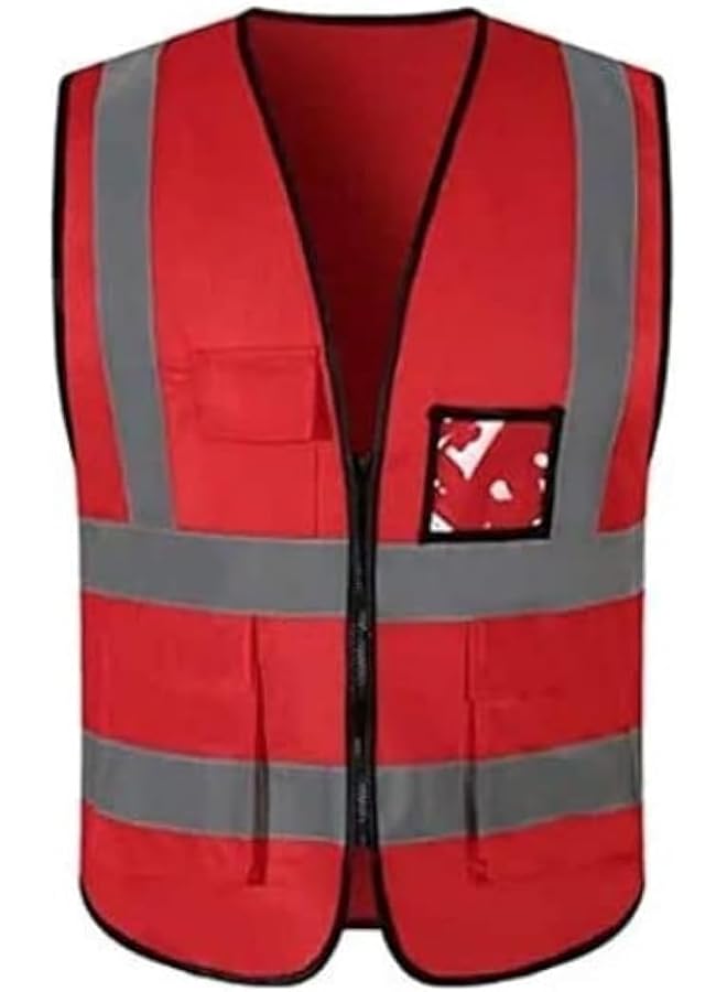 ECVV Reflective Safety Vest Bright Neon Color With 2 Inch Reflective Strips Zipper Front Medium Free Size Red - Image 1