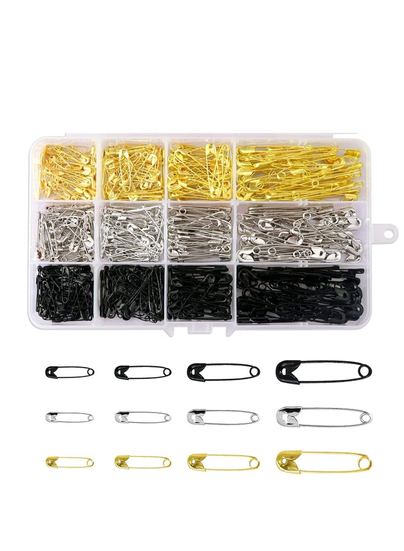 Premify 540 Pieces 4 Sizes Durable Rust Resistant Black Gold Silver Premium Safety Pins with Storage Box - Image 1