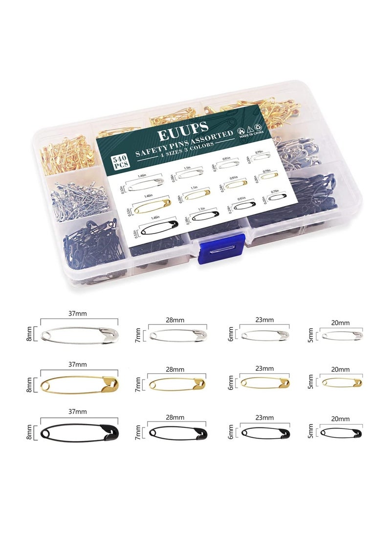 Premify 540 Pieces 4 Sizes Durable Rust Resistant Black Gold Silver Premium Safety Pins with Storage Box - Image 2