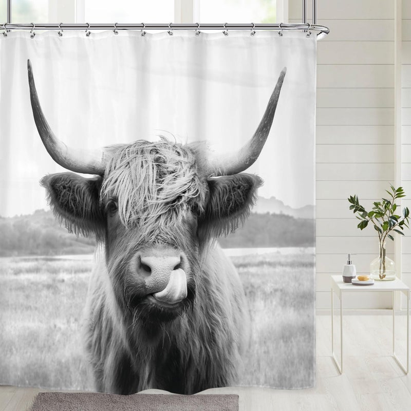Riyidecor Farmhouse Highland Cow Shower Curtain Western Bull Wildlife Portrait Animal Funny Country 72Wx72H Inch 12 Pack Plastic Hooks Kids Sketch Waterproof Fabric Modern Polyester Bathroom Decor - Image 1