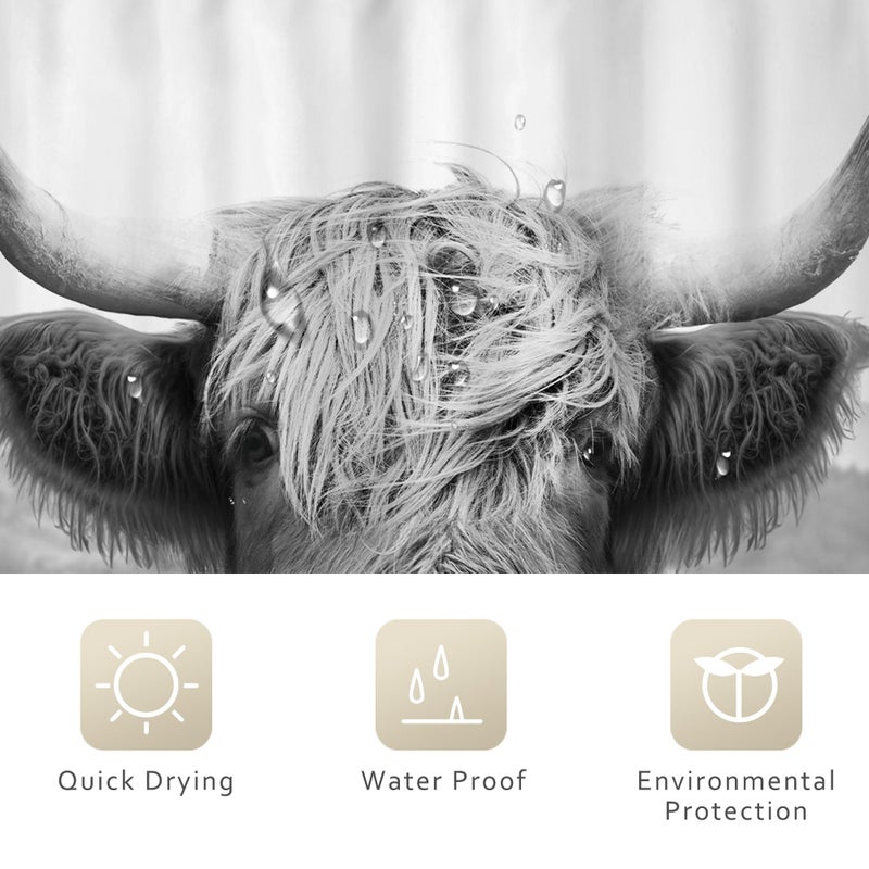 Riyidecor Farmhouse Highland Cow Shower Curtain Western Bull Wildlife Portrait Animal Funny Country 72Wx72H Inch 12 Pack Plastic Hooks Kids Sketch Waterproof Fabric Modern Polyester Bathroom Decor - Image 4
