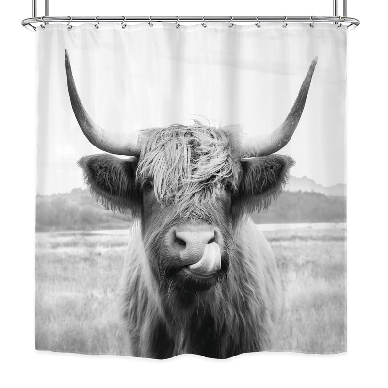 Riyidecor Farmhouse Highland Cow Shower Curtain Western Bull Wildlife Portrait Animal Funny Country 72Wx72H Inch 12 Pack Plastic Hooks Kids Sketch Waterproof Fabric Modern Polyester Bathroom Decor - Image 5