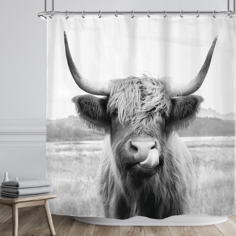 Riyidecor Farmhouse Highland Cow Shower Curtain Western Bull Wildlife Portrait Animal Funny Country 72Wx72H Inch 12 Pack Plastic Hooks Kids Sketch Waterproof Fabric Modern Polyester Bathroom Decor - Image 2