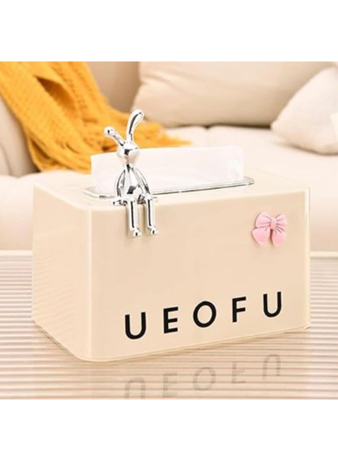 Decorative Tissue Box Cover with Rabbit Design, Square Paper Holder with Bow Accent, Reusable and Stylish Tissue Paper Cover with Spring Top for Coffee Table,Bedroom Dresser, Night Stand - Image 3