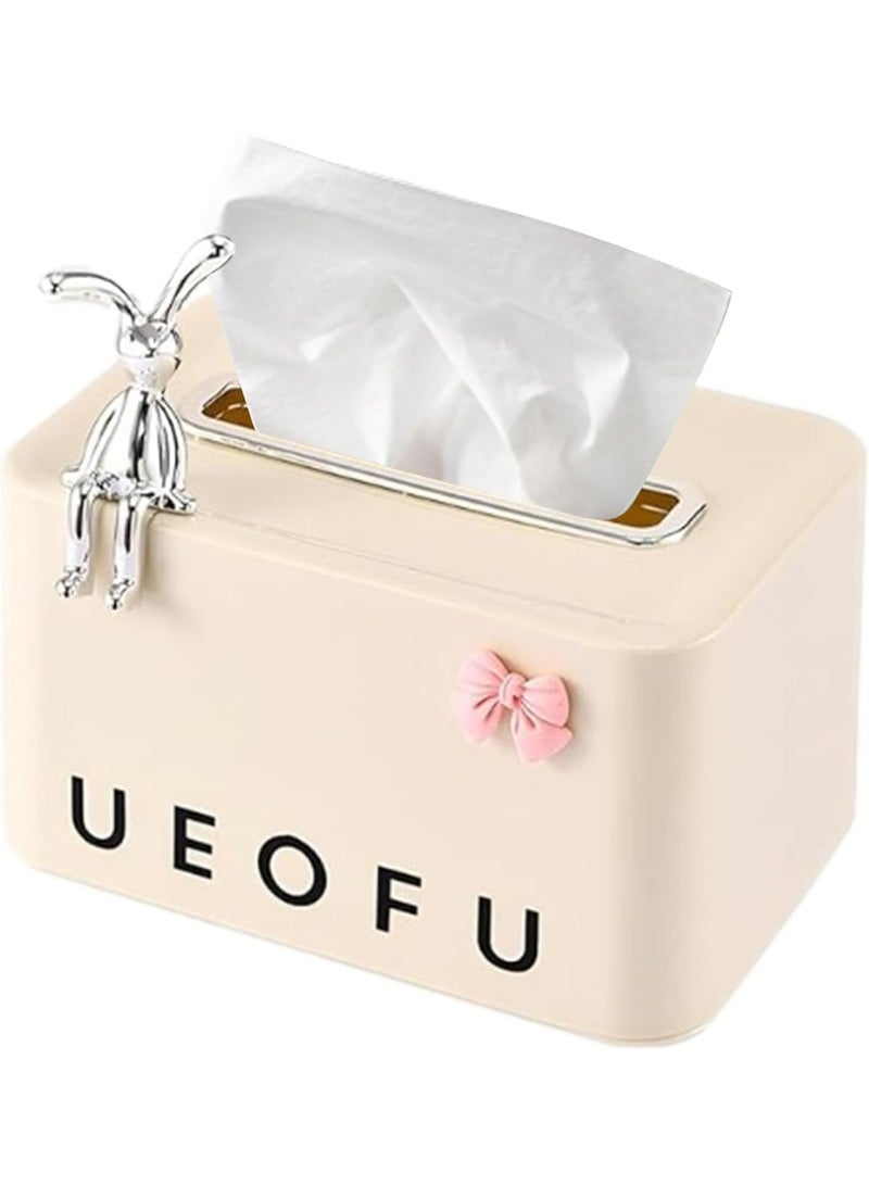 Decorative Tissue Box Cover with Rabbit Design, Square Paper Holder with Bow Accent, Reusable and Stylish Tissue Paper Cover with Spring Top for Coffee Table,Bedroom Dresser, Night Stand - Image 1