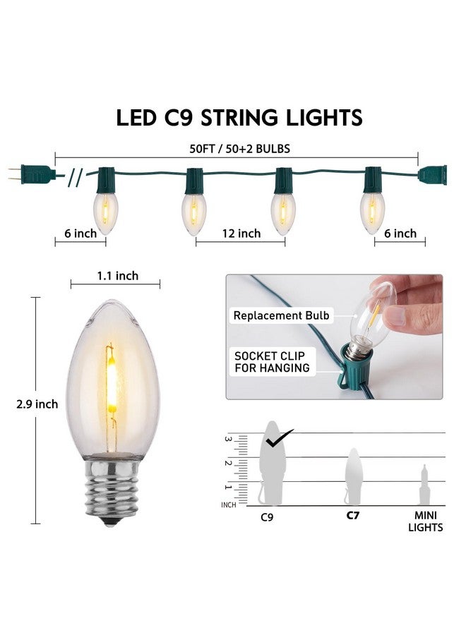 ماين توم أضواء عيد الميلاد LED C9 العتيقة الخارجية باللون الأبيض الدافئ، 50 قدمًا من أضواء C9 لشجرة عيد الميلاد على السطح والحفلات والعطلات والداخلية والخارجية والحديقة والفناء الخلفي والمقهى وديكور عيد الميلاد، سلك أخضر  - Image 3