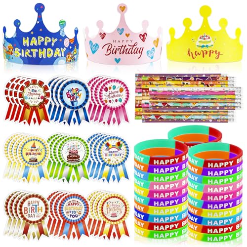 MUOUAKATE 126 PCS Classroom Happy Birthday Kits for Kids Include Adjustable Birthday Crowns Multicolor Silicone Bracelets Pencils Badge Stickers Reward Students School Party Favors Teacher Supplies - Image 1