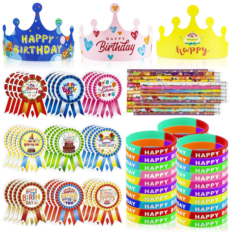 MUOUAKATE 126 PCS Classroom Happy Birthday Kits for Kids Include Adjustable Birthday Crowns Multicolor Silicone Bracelets Pencils Badge Stickers Reward Students School Party Favors Teacher Supplies - Image 3