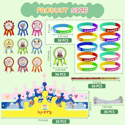 MUOUAKATE 126 PCS Classroom Happy Birthday Kits for Kids Include Adjustable Birthday Crowns Multicolor Silicone Bracelets Pencils Badge Stickers Reward Students School Party Favors Teacher Supplies - Image 5