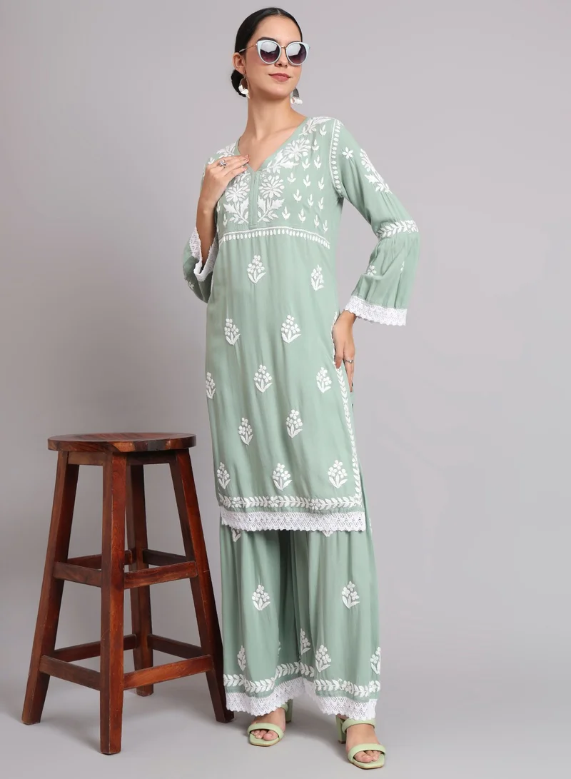 Alaya Women Hand Embroidered Lucknowi Chikankari Rayon Kurta Set-AL4077KS