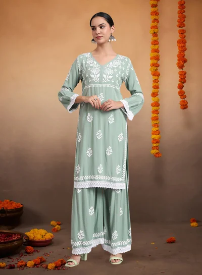 Alaya Women Hand Embroidered Lucknowi Chikankari Rayon Kurta Set-AL4077KS