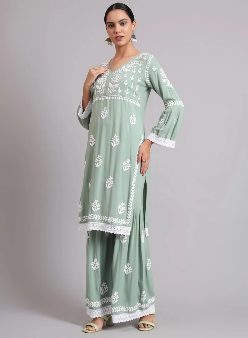 Alaya Women Hand Embroidered Lucknowi Chikankari Rayon Kurta Set-AL4077KS
