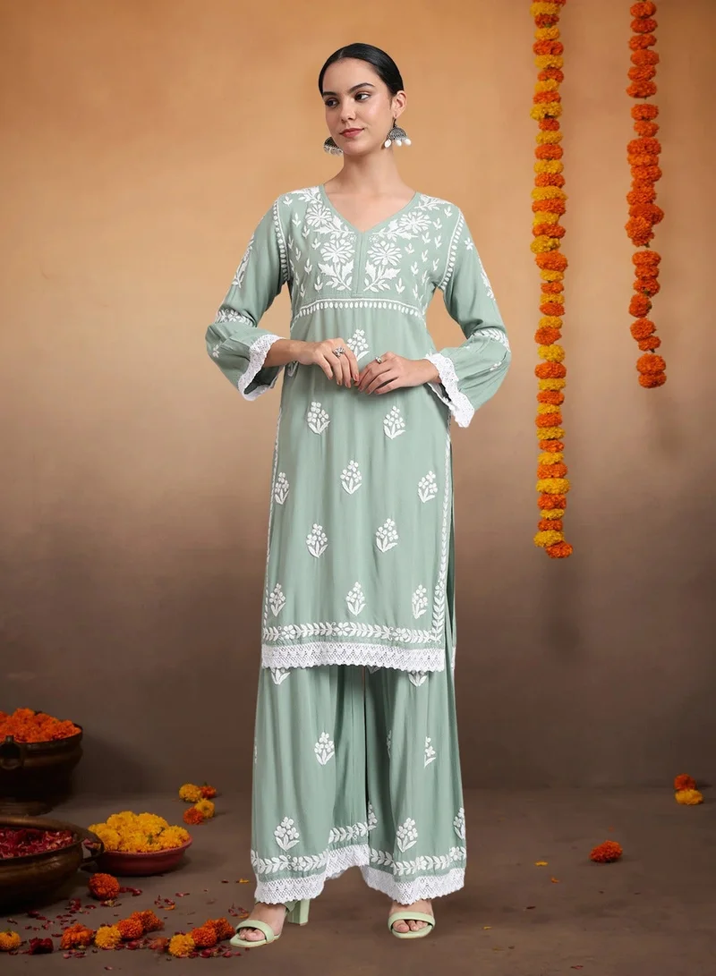 Women Hand Embroidered Lucknowi Chikankari Rayon Kurta Set-AL4077KS