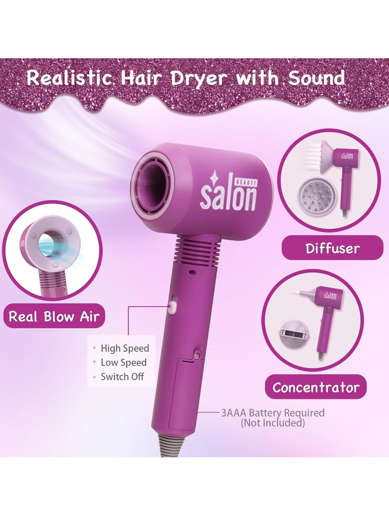 عام ألعاب صالون الشعر للبنات، مجموعة صالون تجميل تظاهري مع ملحقات واقعية، مجفف شعر، مكواة فرد شعر، حقيبة أدوات وملحقات تصفيف الشعر - Image 2