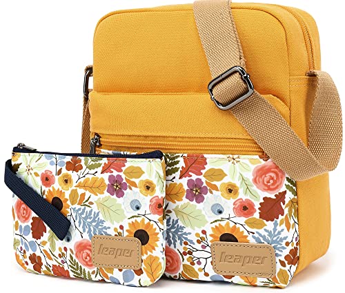 Leaper Girls Crossbody Purses 2 PCS Floral Messenger Bag Canvas Crossbody Bag and Purse Set for Women (SD08-Yellow) - Image 2